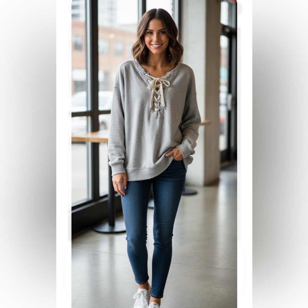 Aerie Heather Gray football Lace-Up Crew neck distressed Sweatshirt Size S